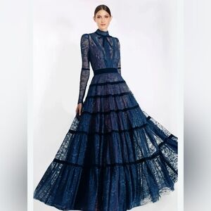 New Elegant Navy Lace Evening Gown